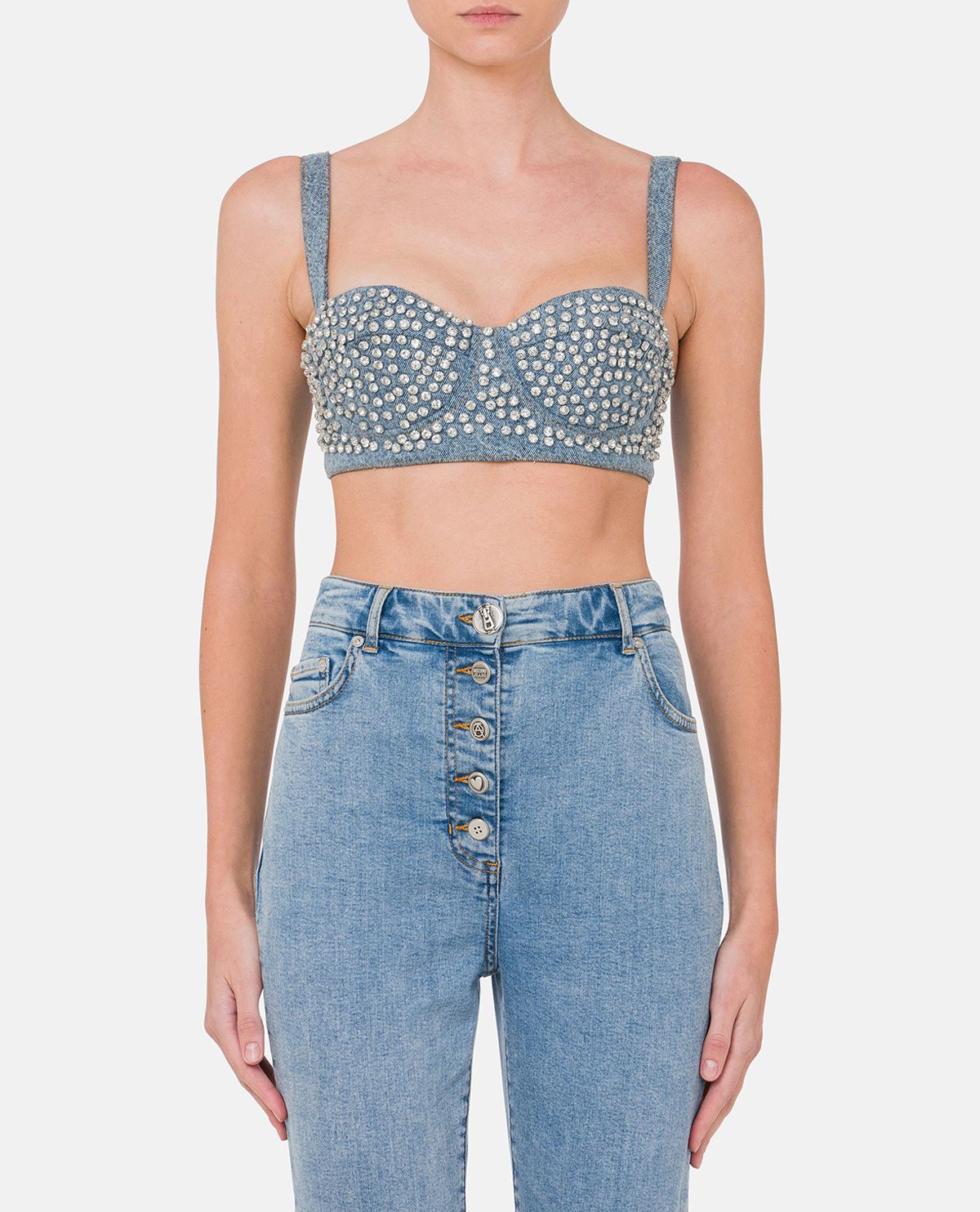 Áo bustier denim đính pha lê