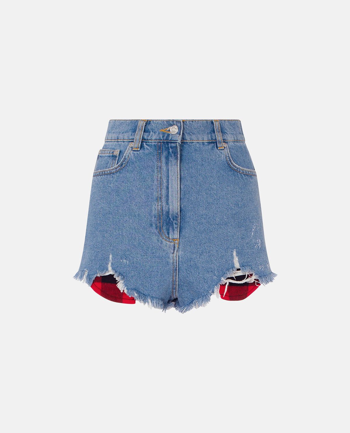 Quần shorts denim phối họa tiết caro