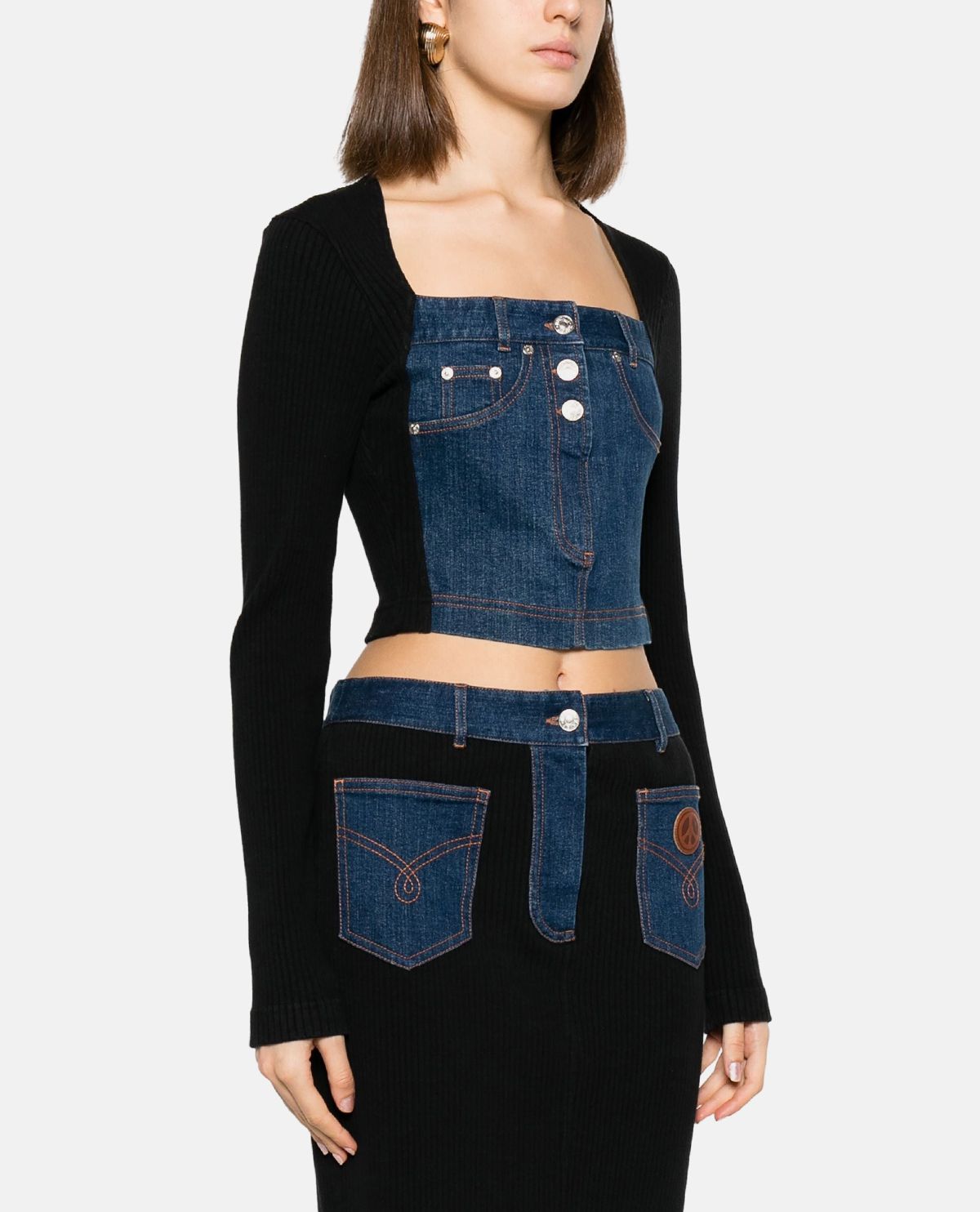 Áo croptop dệt gân phối denim