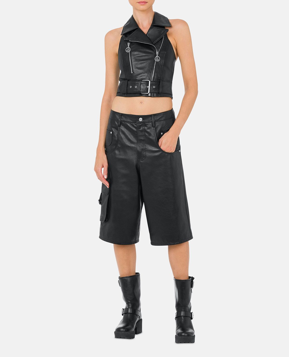 Áo gilet da dáng crop khóa biker