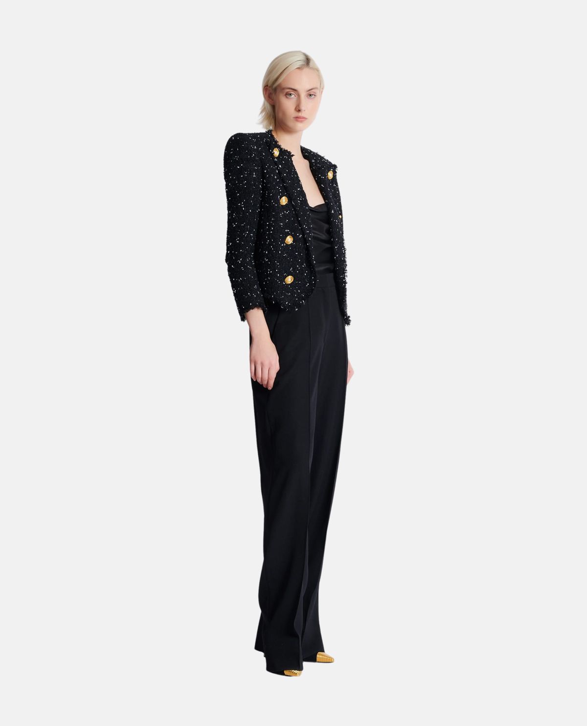 Áo khoác tweed dáng crop họa tiết chấm bi
