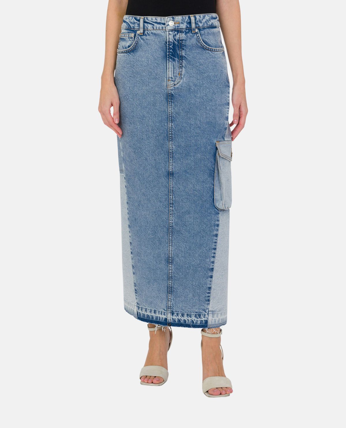 Chân váy denim phối hai màu