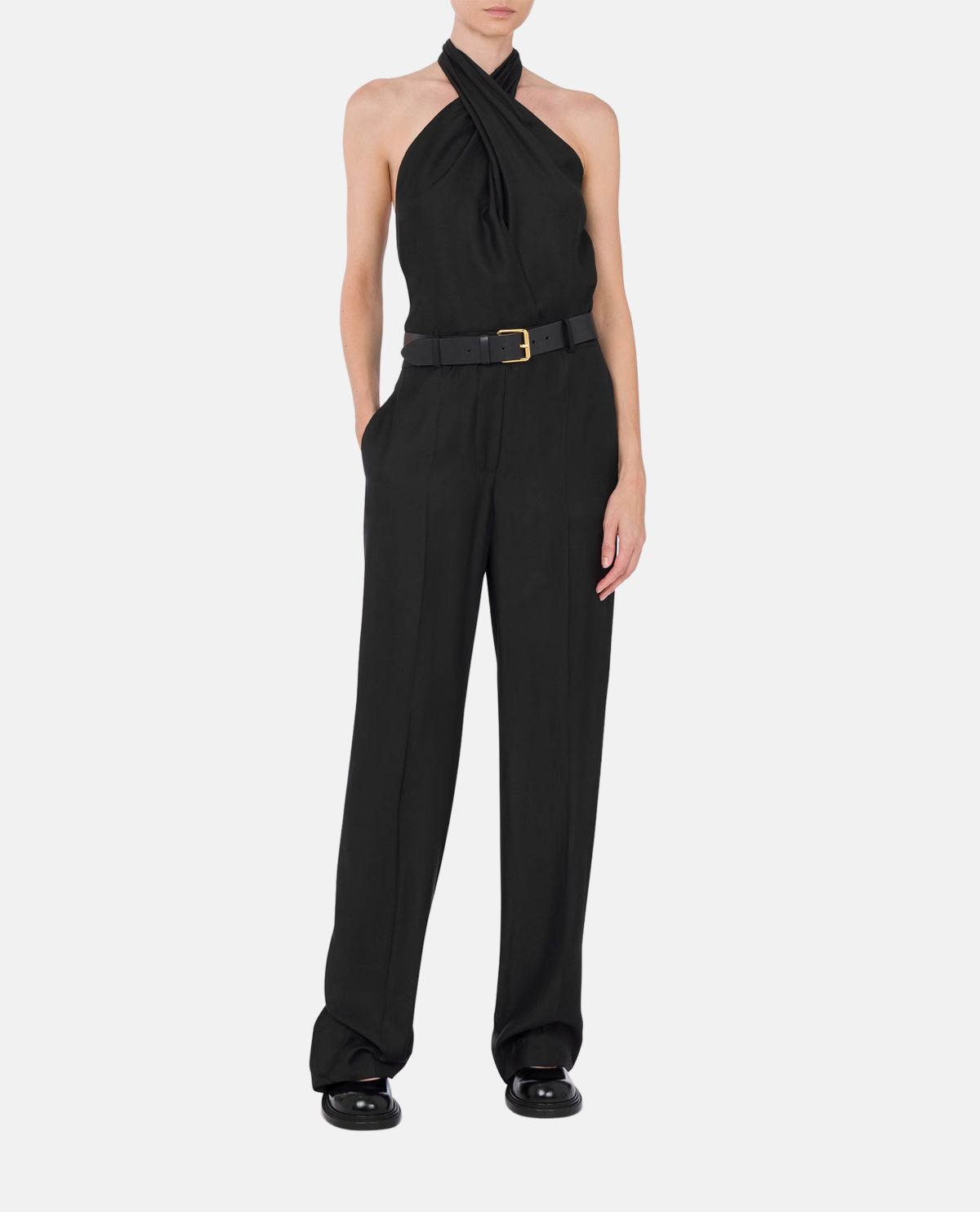 Jumpsuit cổ chéo phối thắt lưng