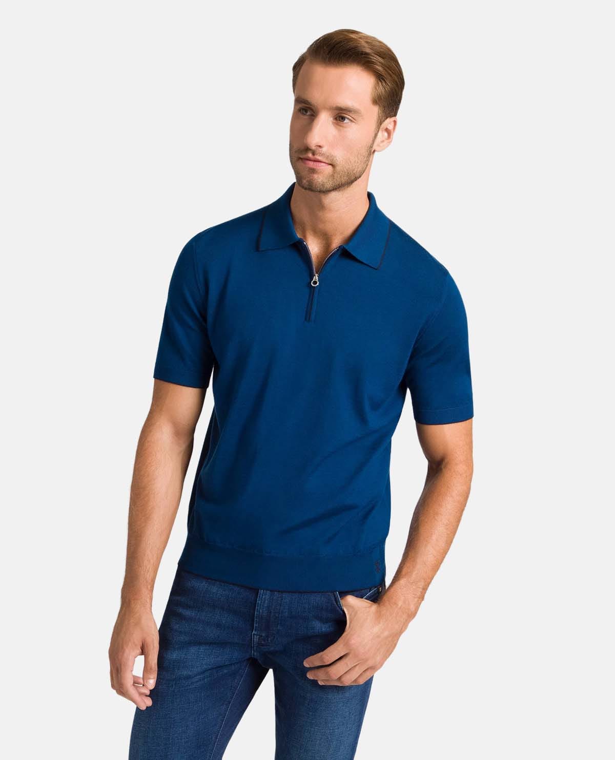 Áo polo dệt kim phối khóa kéo