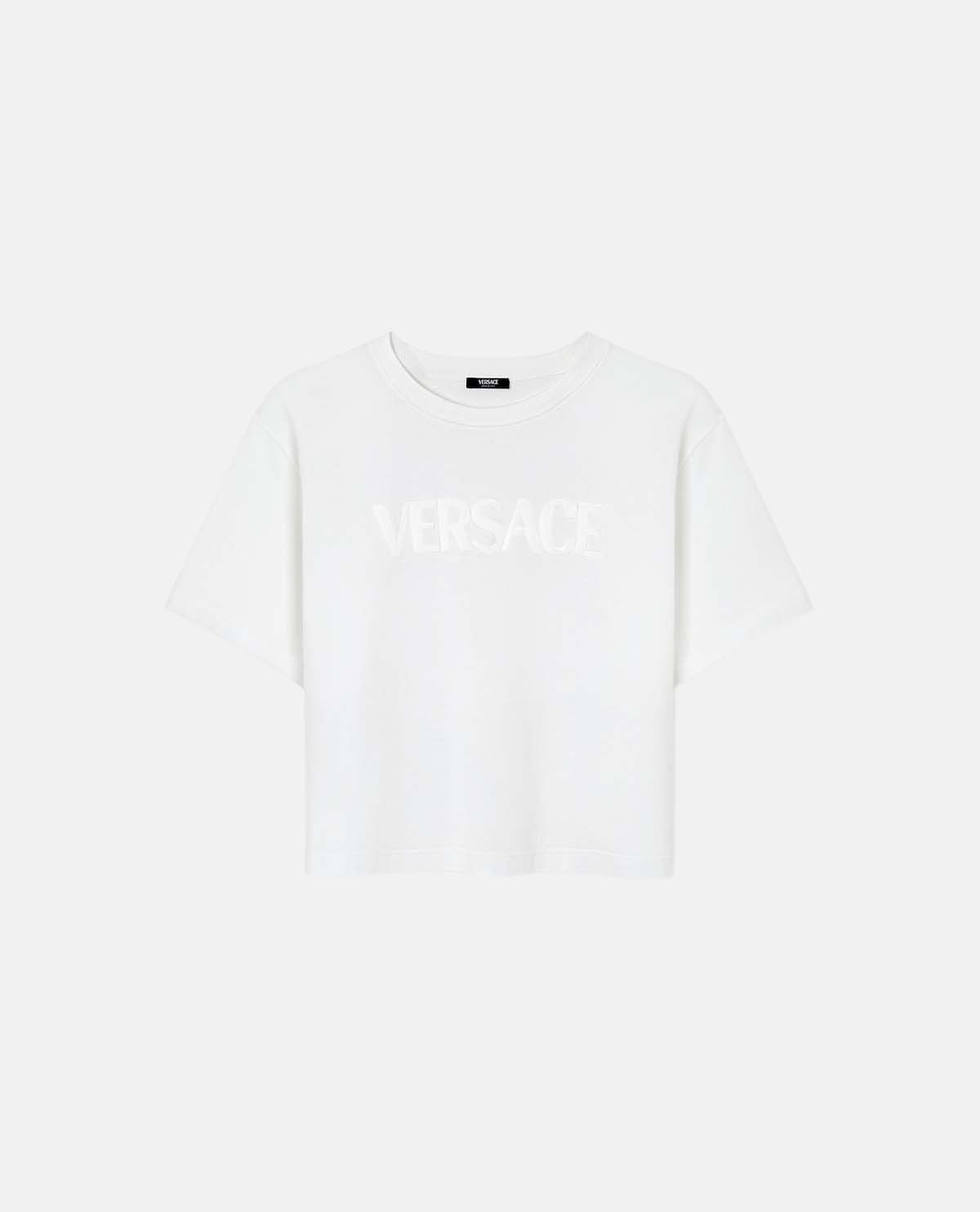 Áo thun cotton-jersey dáng crop phối logo Versace