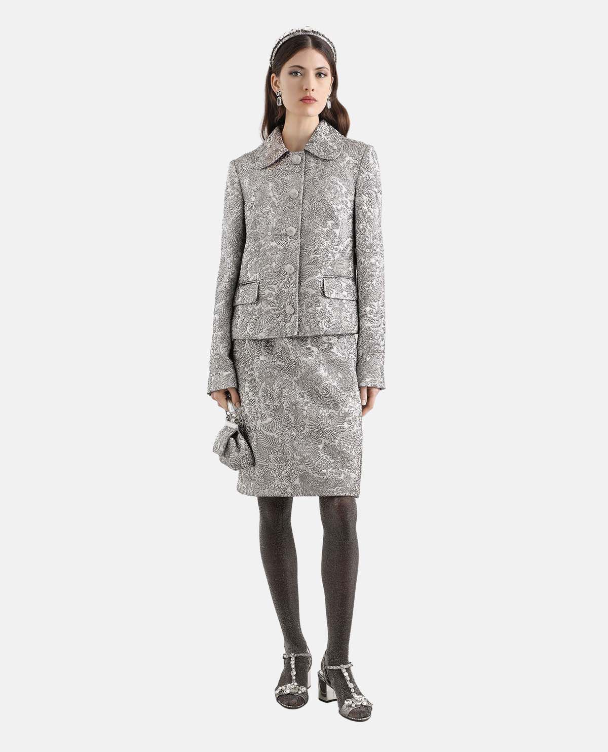 Chân váy midi jacquard họa tiết hoa Lamé