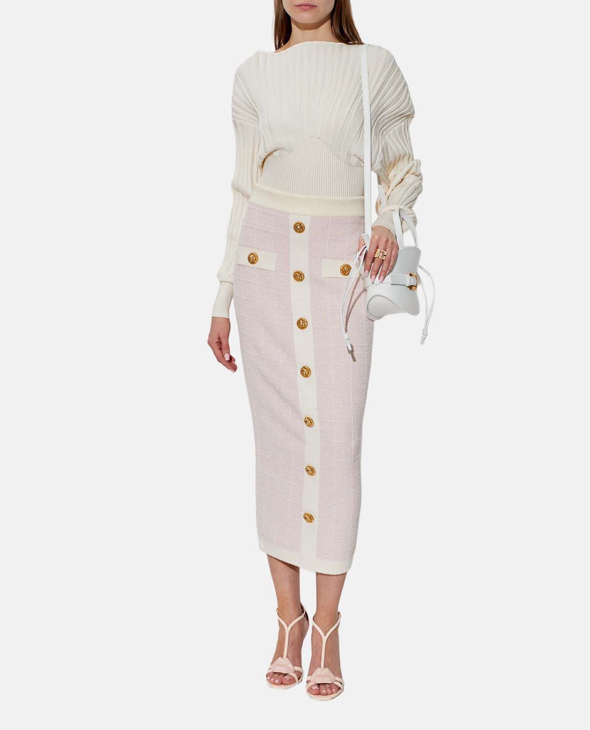 Chân váy tweed dáng bút chì phối khuy