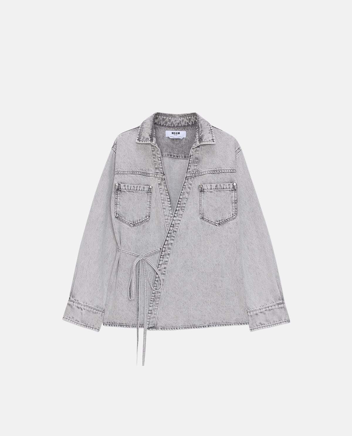 Áo sơ mi denim wash bạc phối nơ