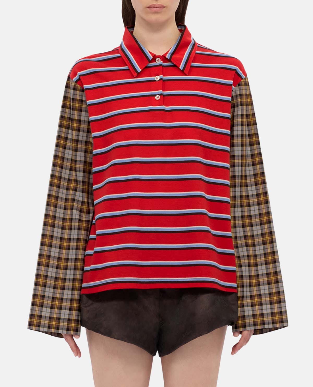 Áo polo patchwork tay dài kẻ sọc