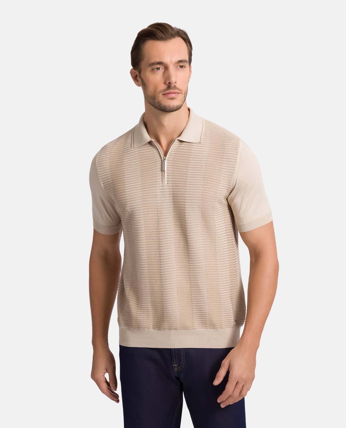 Áo polo dệt kim phối khóa kéo