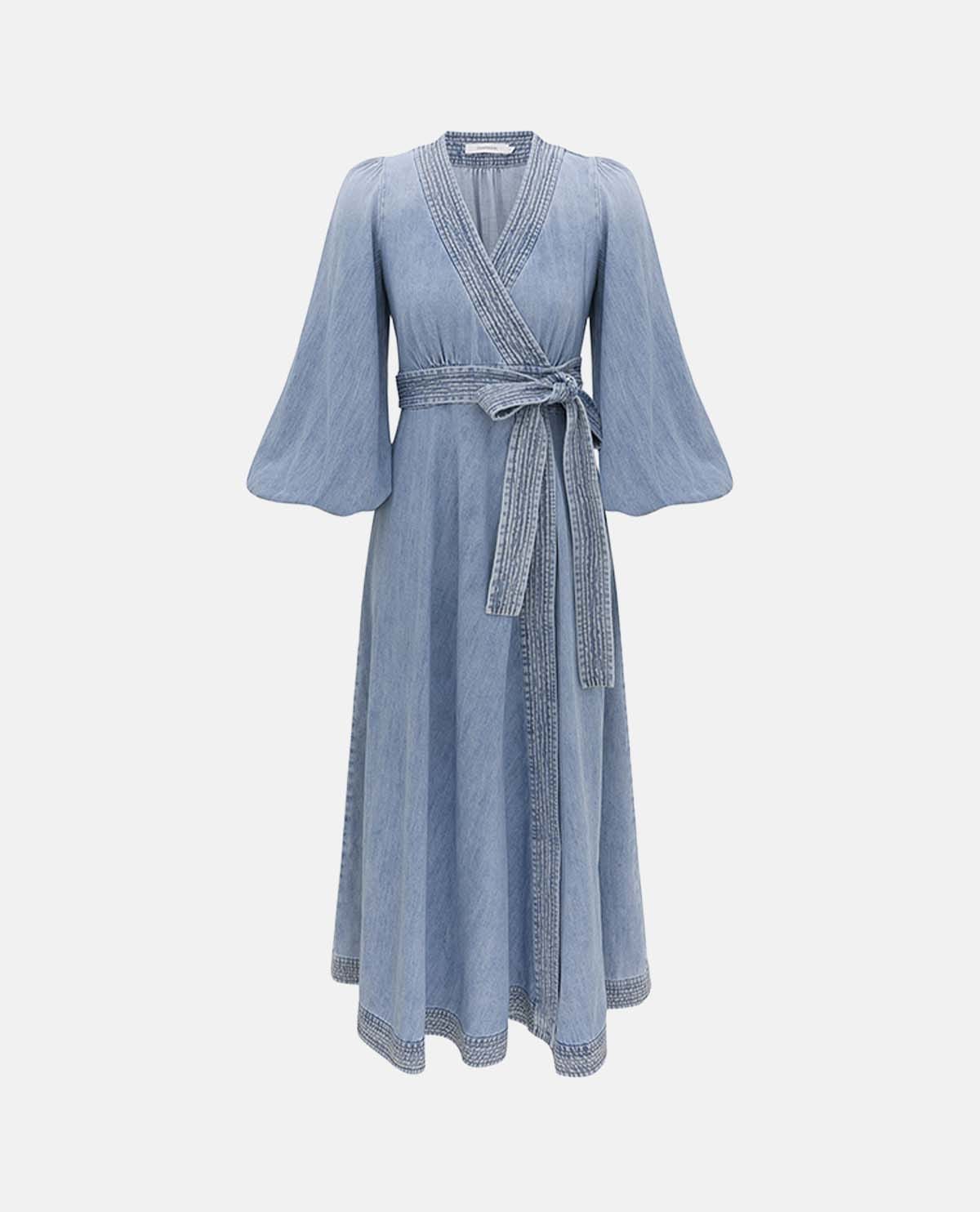 Đầm midi denim vạt chéo Indra