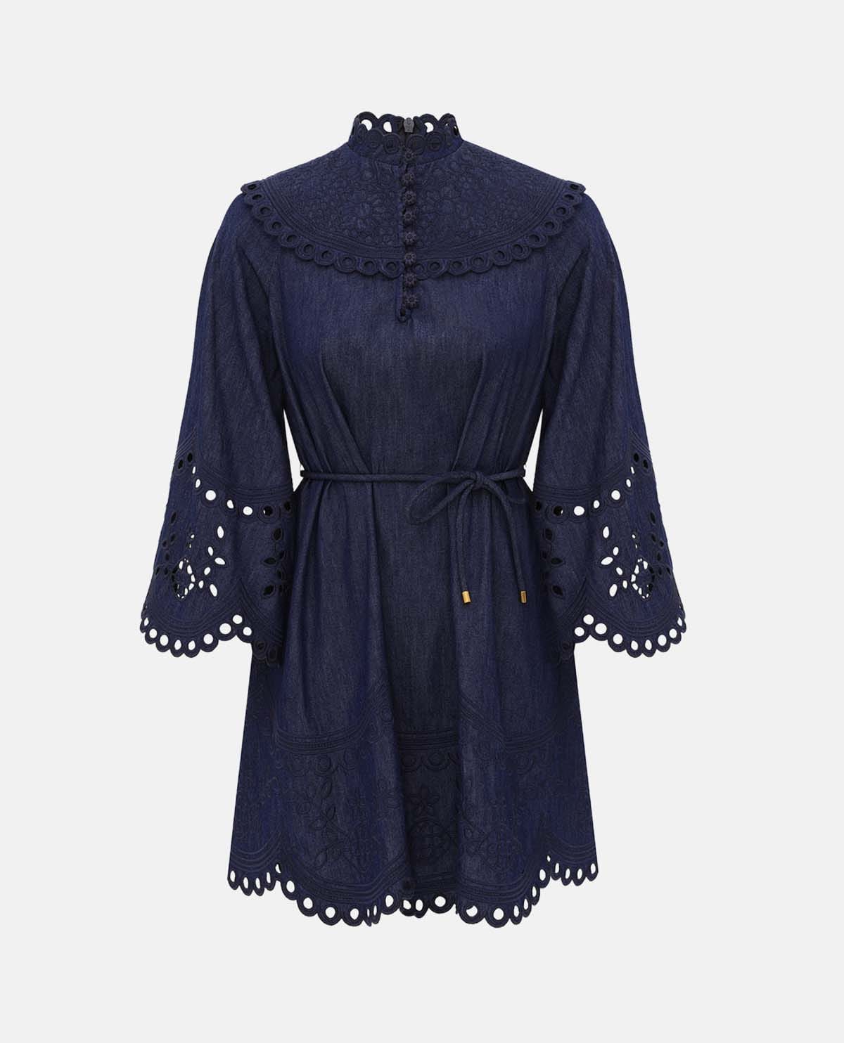Đầm ngắn denim thêu viền Mahon
