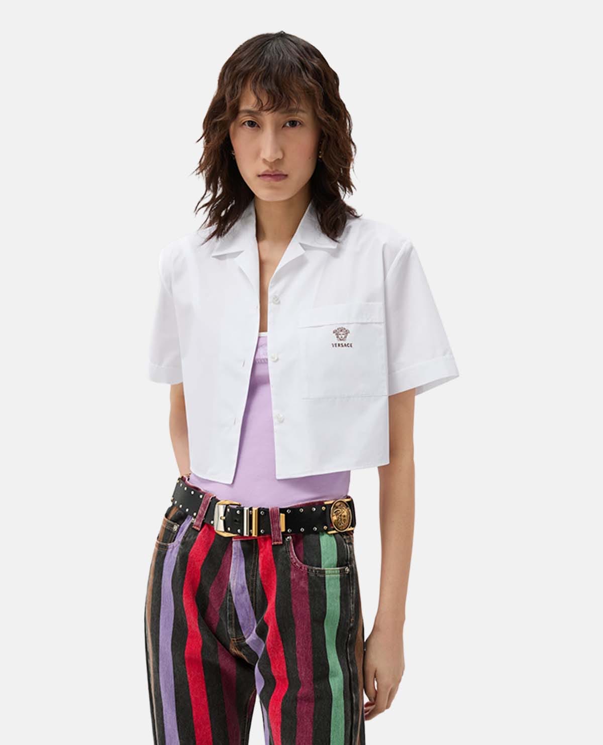 Áo sơ mi cotton poplin tay ngắn dáng crop