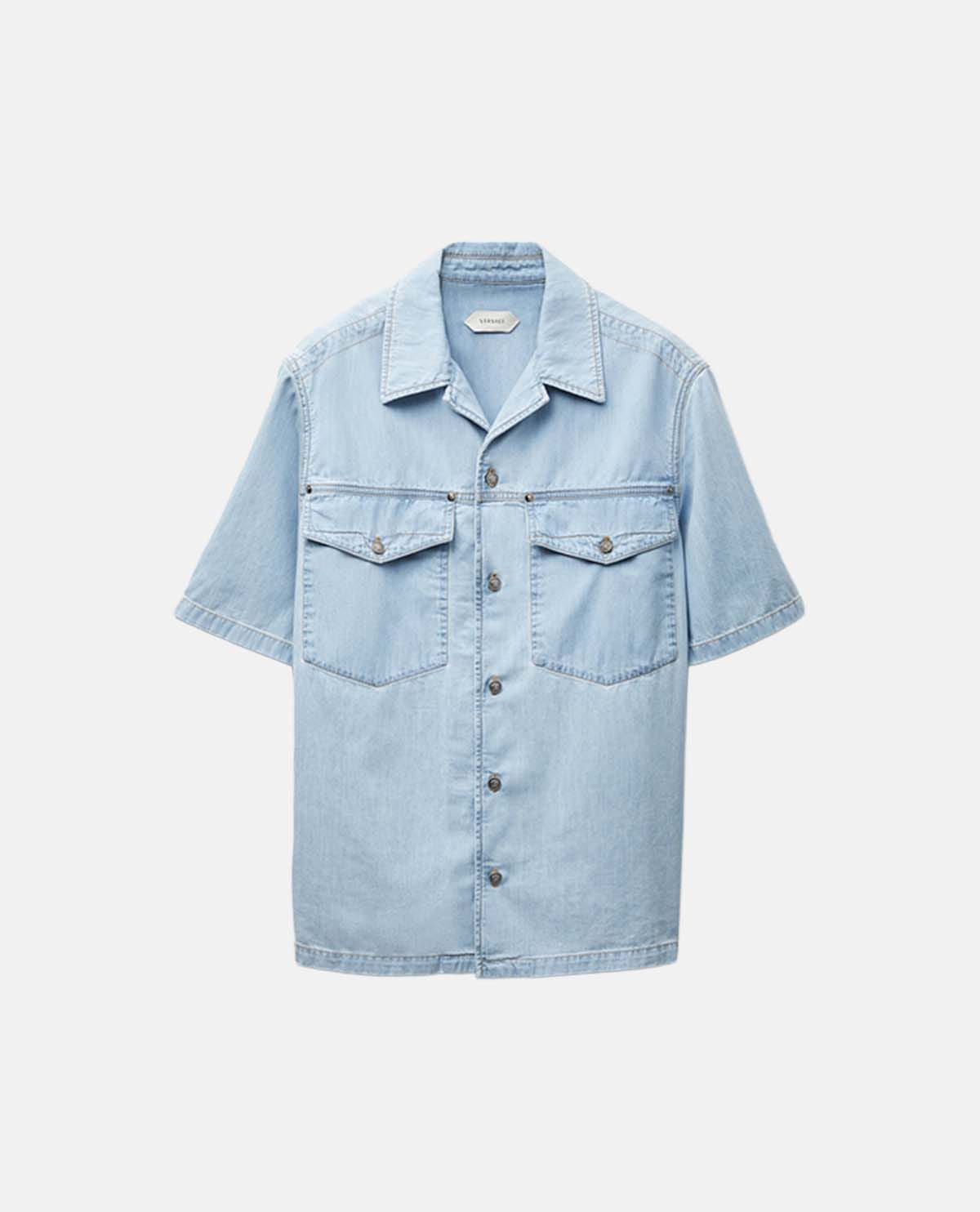 Áo sơ mi denim tay ngắn thêu logo