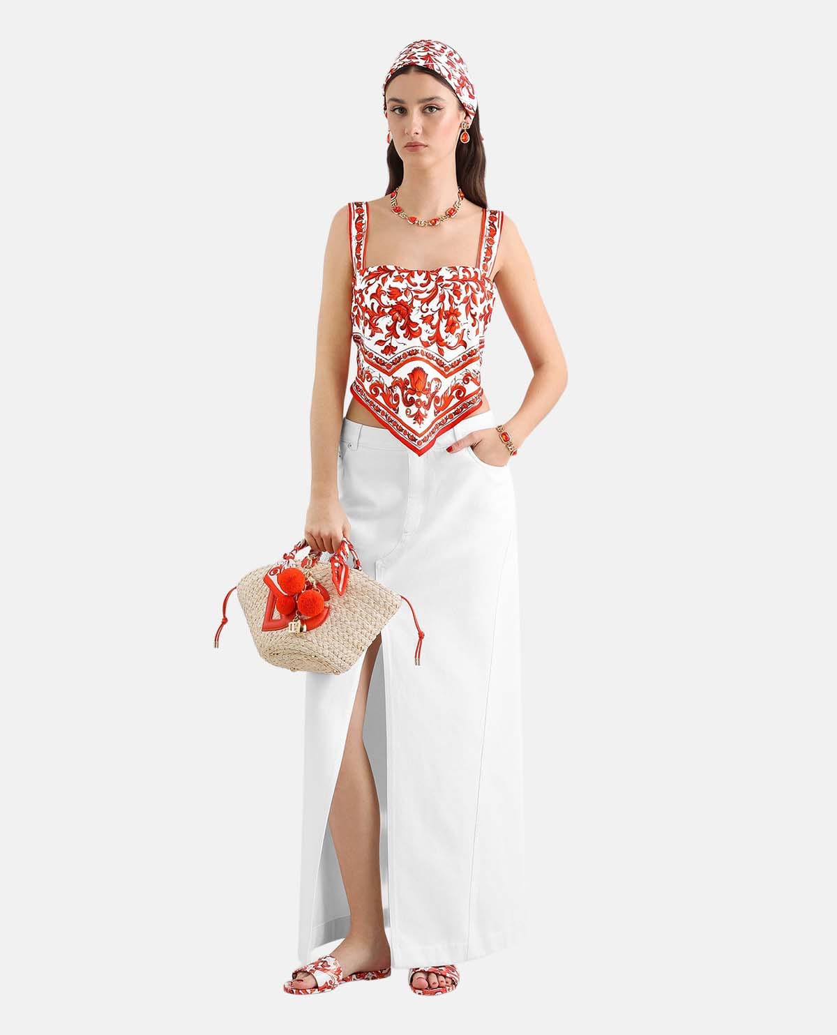 Áo bustier lụa twill họa tiết Maiolica