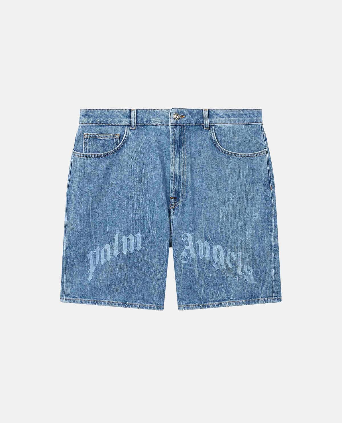 Quần shorts denim dáng rộng phối logo curved