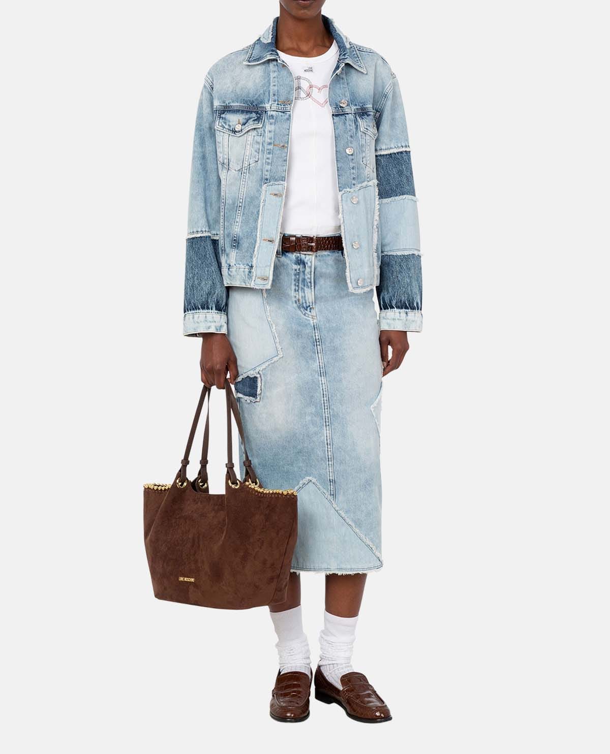 Chân váy denim họa tiết patchwork